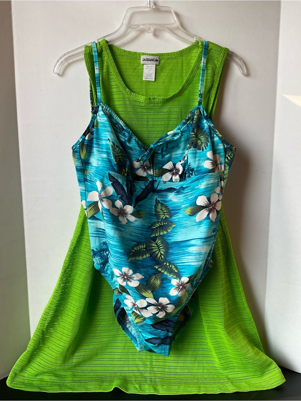 Women’s Baja Blue Tropical One-Piece Swimsuit Size 12 & Green Coverup Size Lg